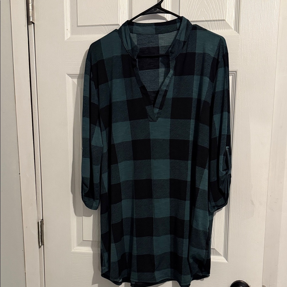 SHEIN Black and Teal Plaid Blouse